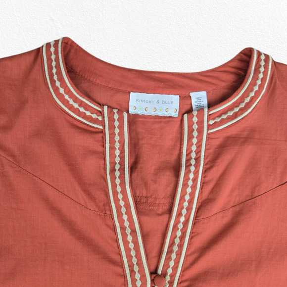 Kimchi & Blue Terracotta Embroidered Cotton Boho Peplum Style Tunic Top Size XS - Picture 2 of 8